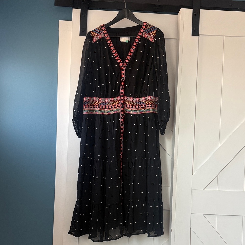 Black and Colorful Embroidered Anthropologie Midi Dress - 16W